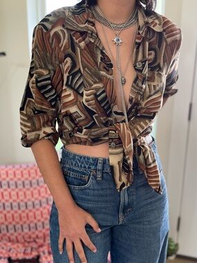 Fab earth-toned abstract print blouse - Brown Multi